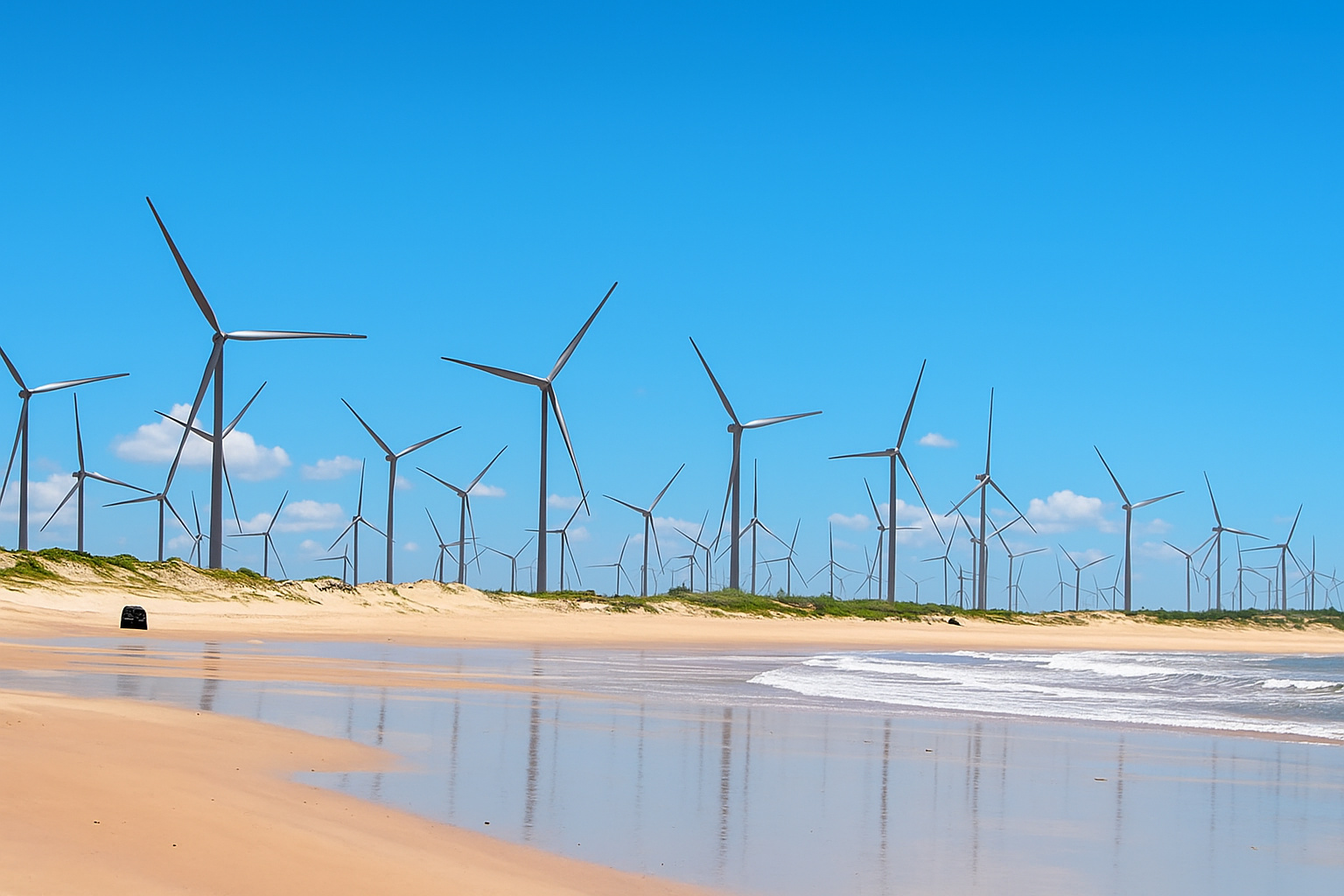 Parque eólico à beira-mar sob céu parcialmente nublado durante o meio-dia.