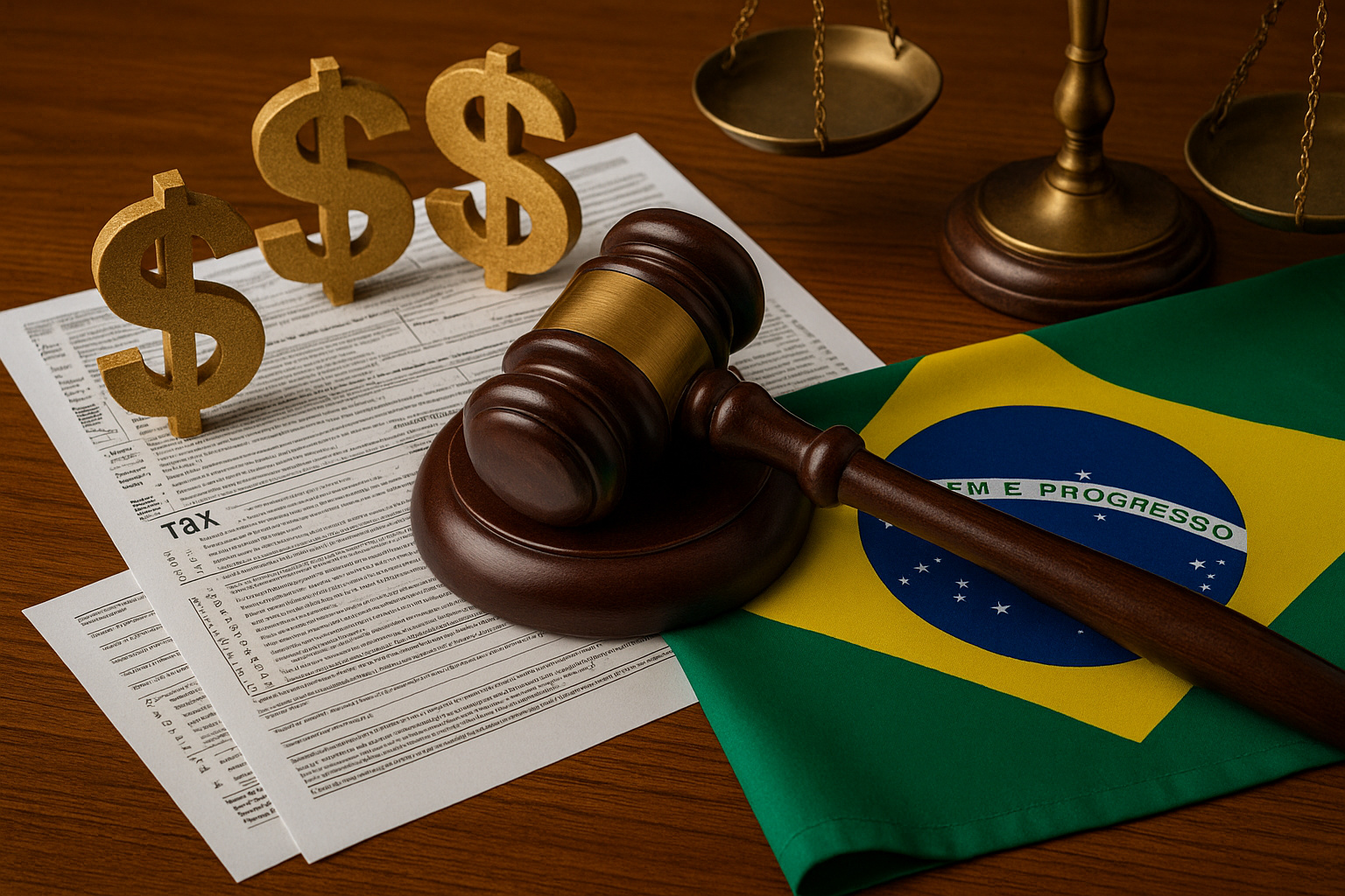 Gavel sobre documentos tributários e bandeira do Brasil ao lado de símbolos econômicos, representando debates jurídicos sobre a reforma tributária e o imposto do pecado.