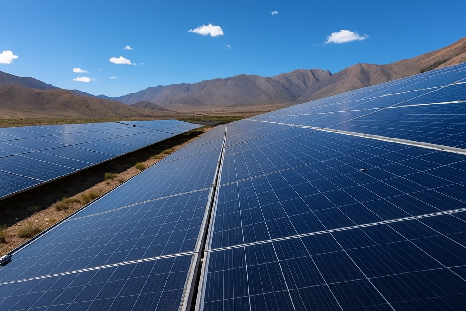 Painéis solares refletindo a luz do sol em um dia claro.