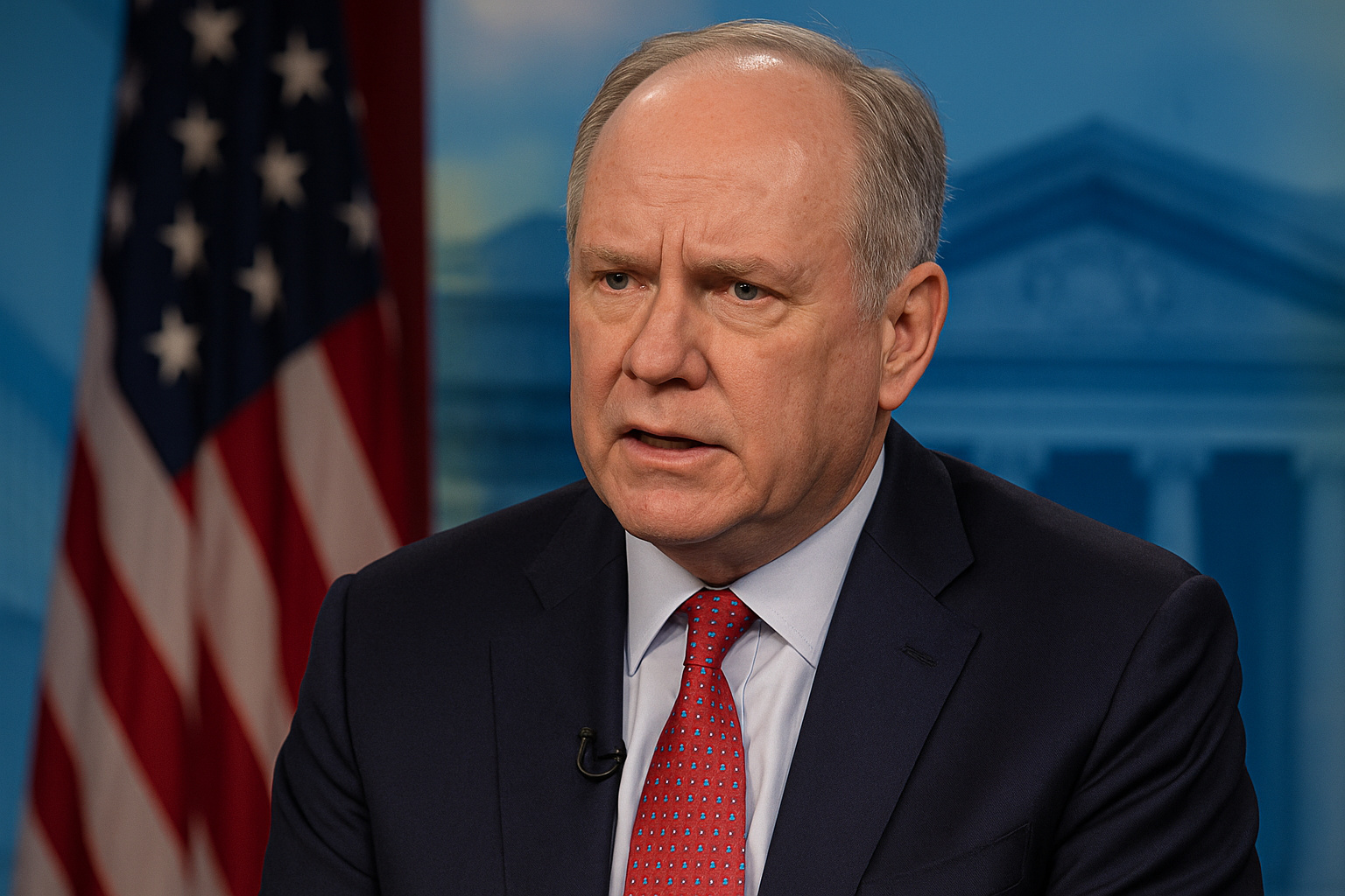 Secretário do Tesouro dos Estados Unidos, Scott Bessent, durante entrevista, com bandeira americana ao fundo e expressão séria, abordando recessão em setores da economia.