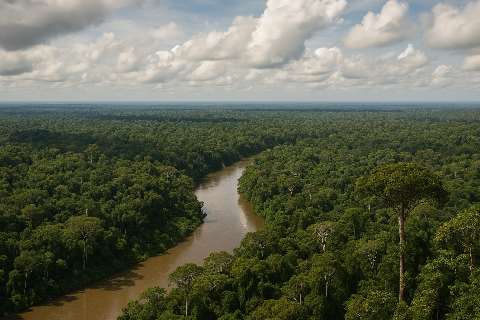 Vista aérea ultra realista da floresta amazônica com rio sinuoso, representando a preservação ambiental financiada pelo Fundo Amazônia.