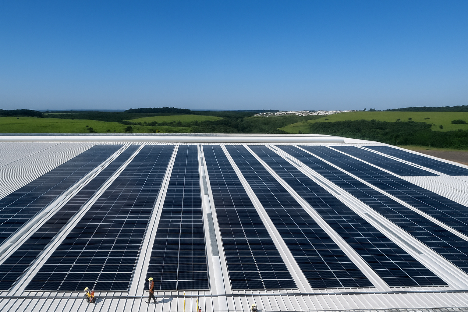 painéis solares instalados em um telhado industrial sob céu limpo
