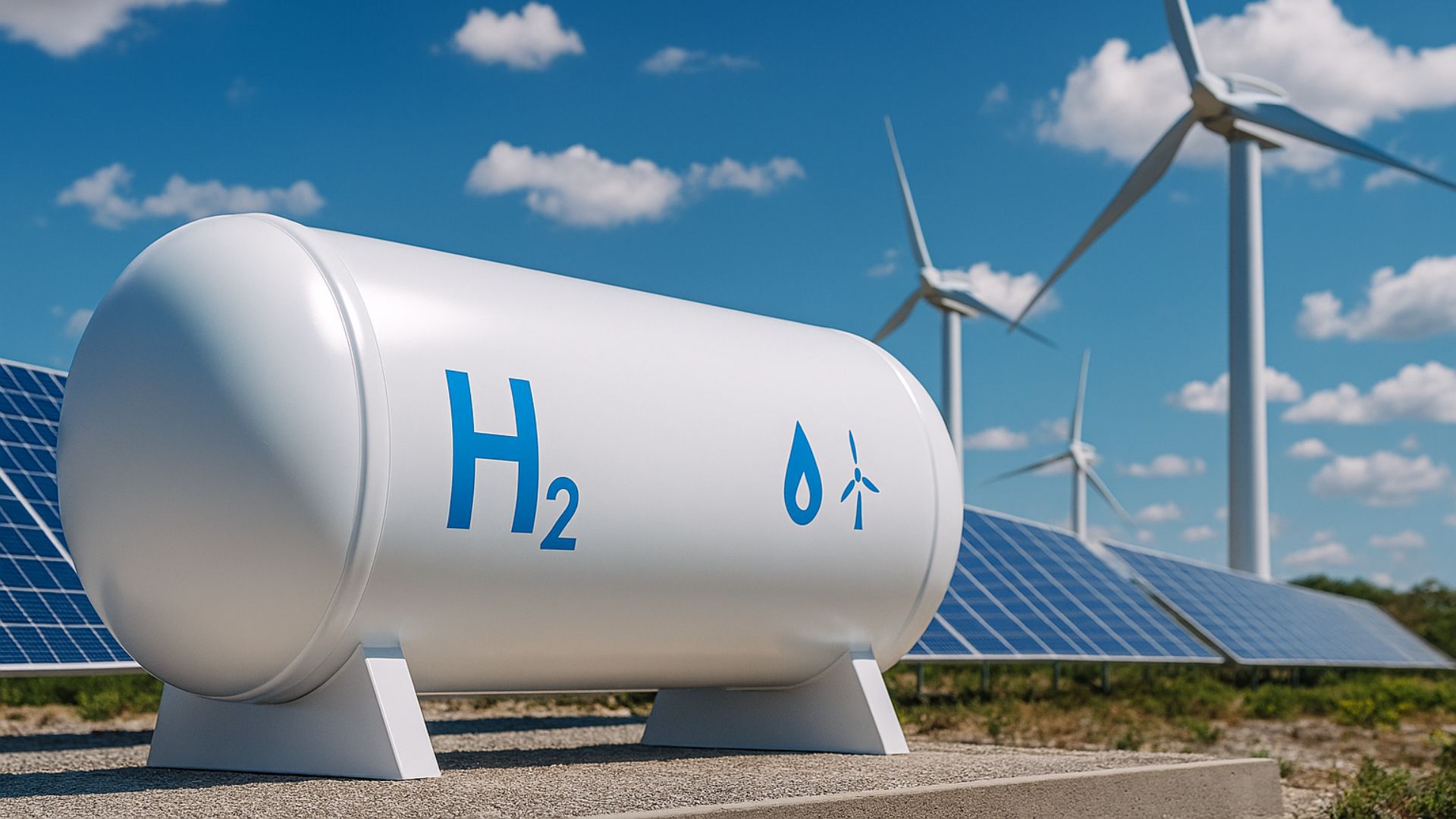 Infraestrutura de hidrogênio verde em Sergipe com tanque de armazenamento, painéis solares e turbinas eólicas em paisagem semiárida sob céu azul.