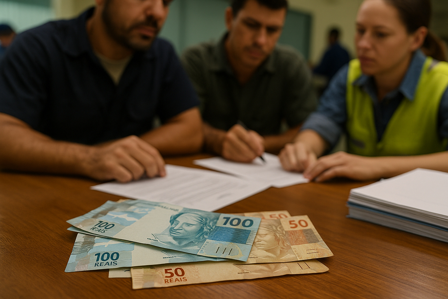 Trabalhadores analisando documentos ao lado de cédulas de reais, simbolizando o novo piso salarial do Paraná em 2025.