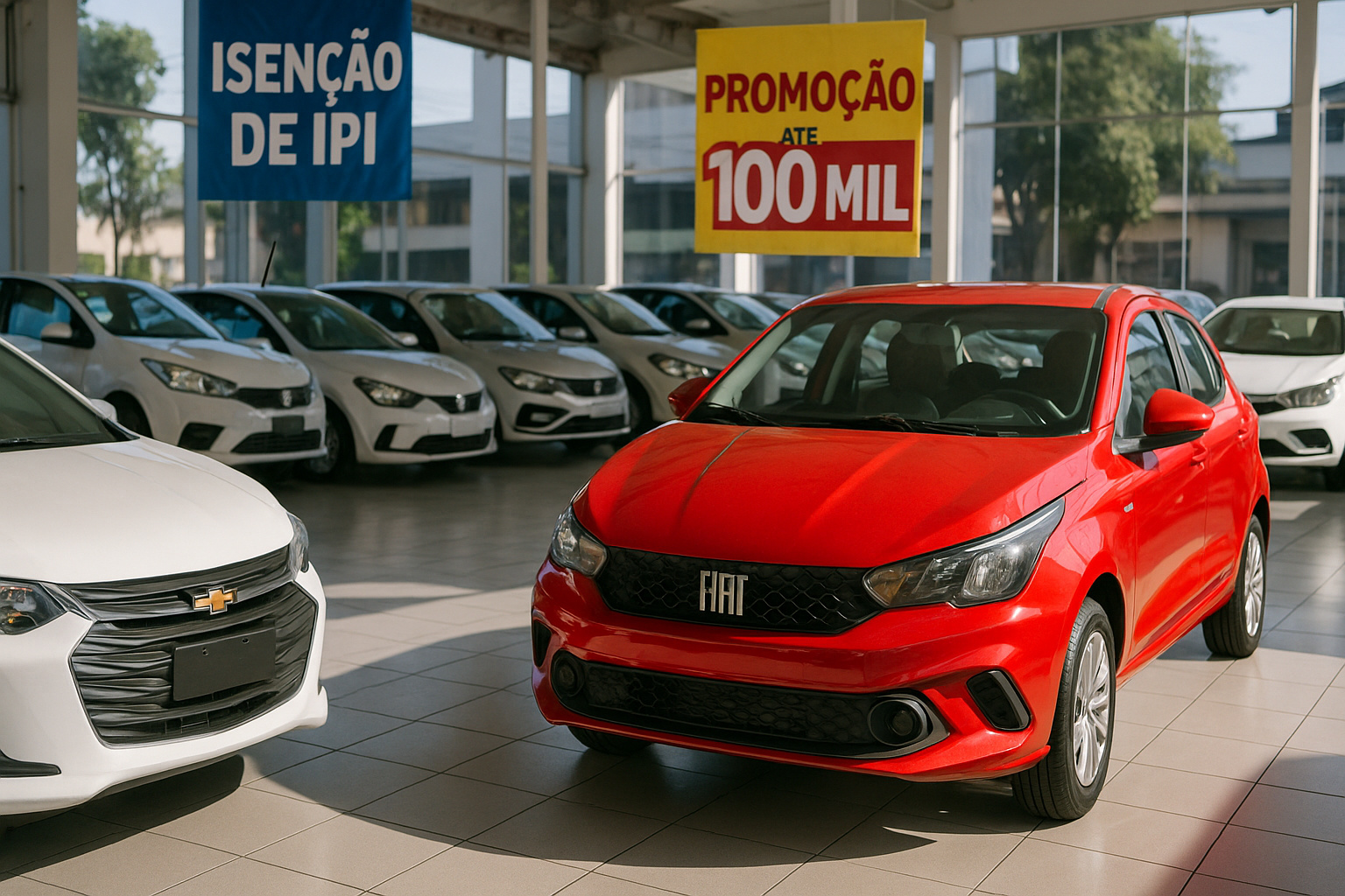 Carros populares de R$ 100 mil em concessionária no Brasil com IPI zerado pelo programa Carro Sustentável.