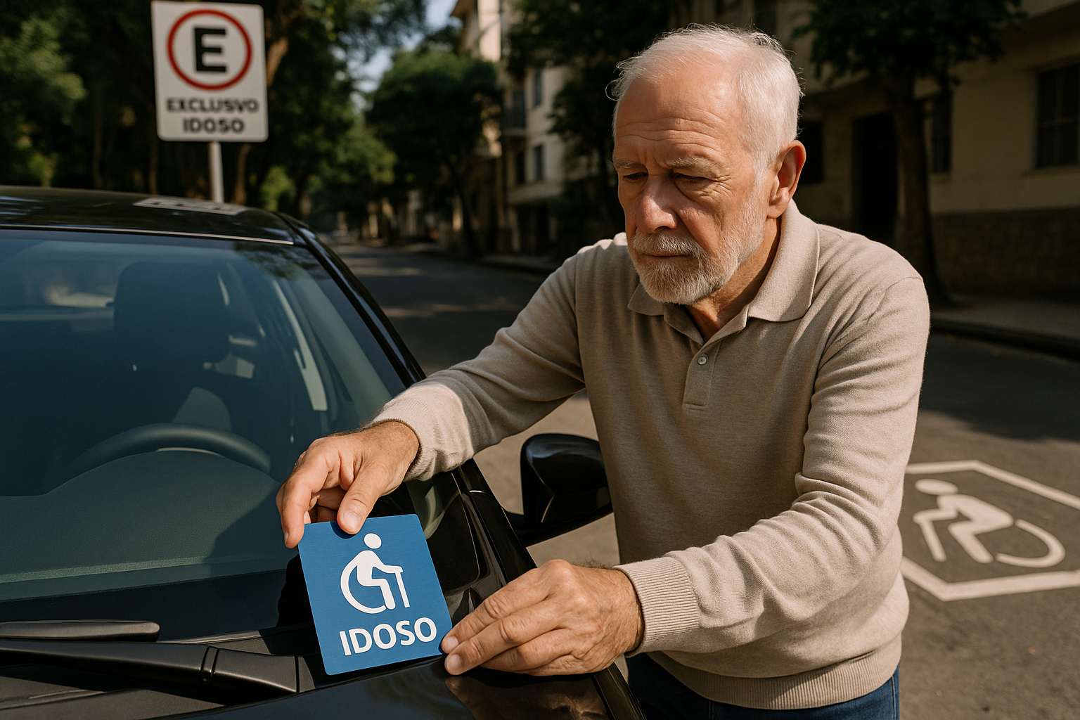 Idoso coloca a nova credencial de estacionamento no painel do carro, com símbolo de vaga exclusiva visível na rua.