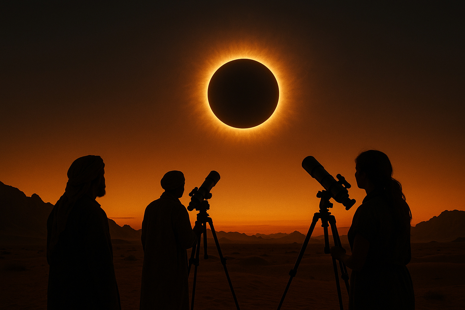 Eclipse solar total com o Sol oculto pela Lua e horizonte dourado durante o maior eclipse do século.