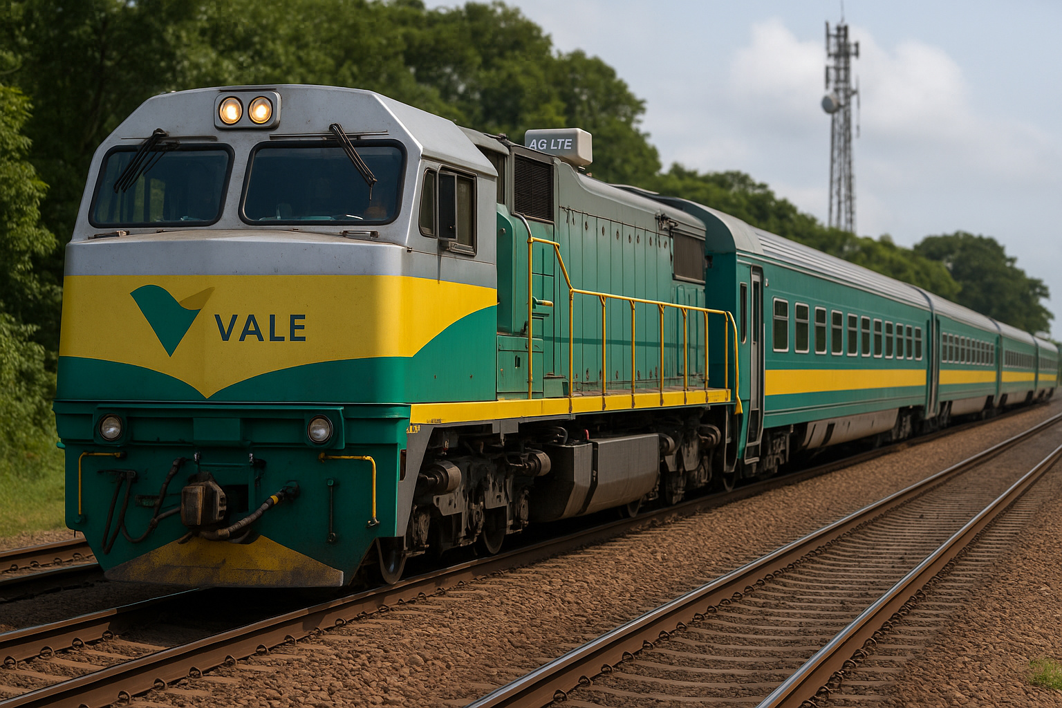 Trem de passageiros da Estrada de Ferro Carajás com locomotiva da Vale e torre de telecomunicações ao fundo representando a expansão do 4G até 2026.