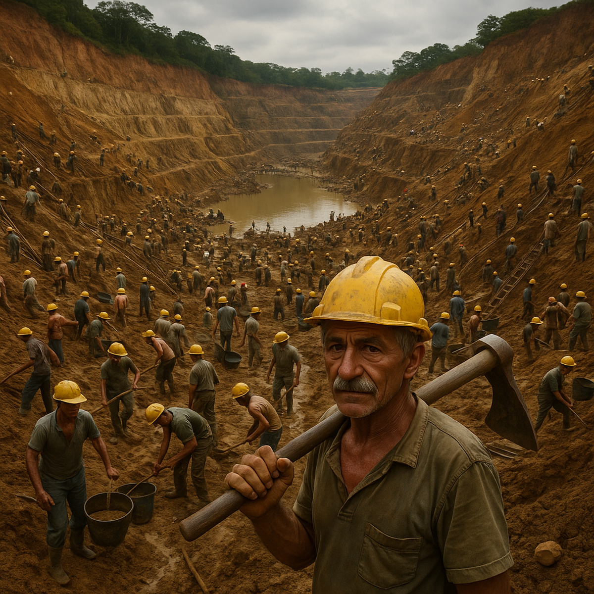 Garimpeiros trabalham em Serra Pelada, no Pará, dentro de uma imensa cratera de mineração a céu aberto, símbolo histórico da corrida do ouro no Brasil.