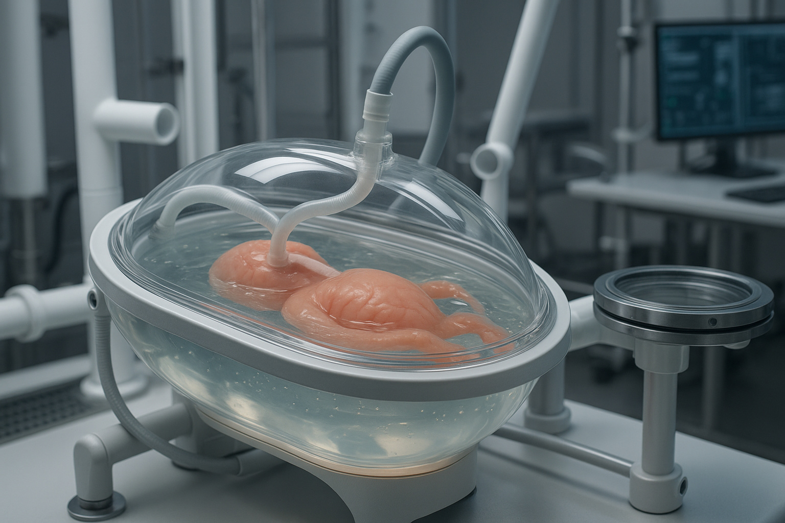 Sistema de útero artificial AquaWomb em laboratório médico futurista com tanque transparente, fluido amniótico sintético e sensores de monitoramento.