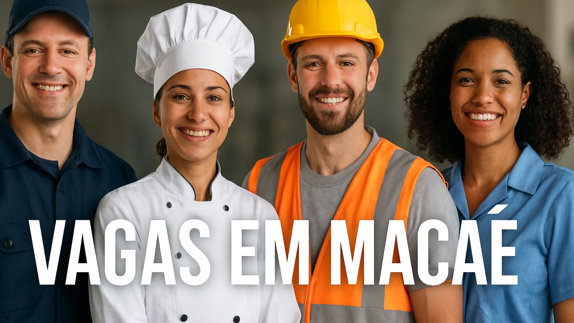 Grupo de trabalhadores de diferentes áreas — incluindo chef, operário da construção civil, motorista e atendente — sorrindo para a câmera com a frase “VAGAS EM MACAÉ” em destaque.