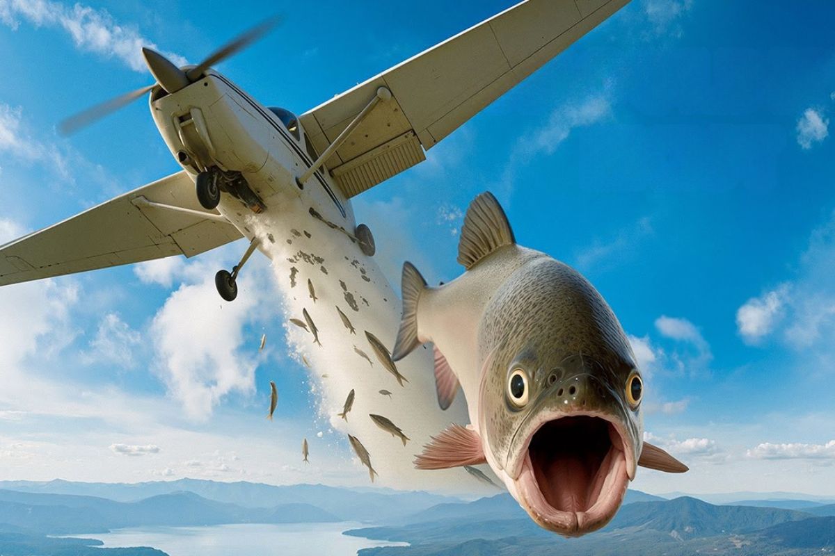 milhares de peixes caem de aviões nos EUA: repovoamento aéreo abastece lagos remotos com alevinos e taxa de sobrevivência acima de 95%.
