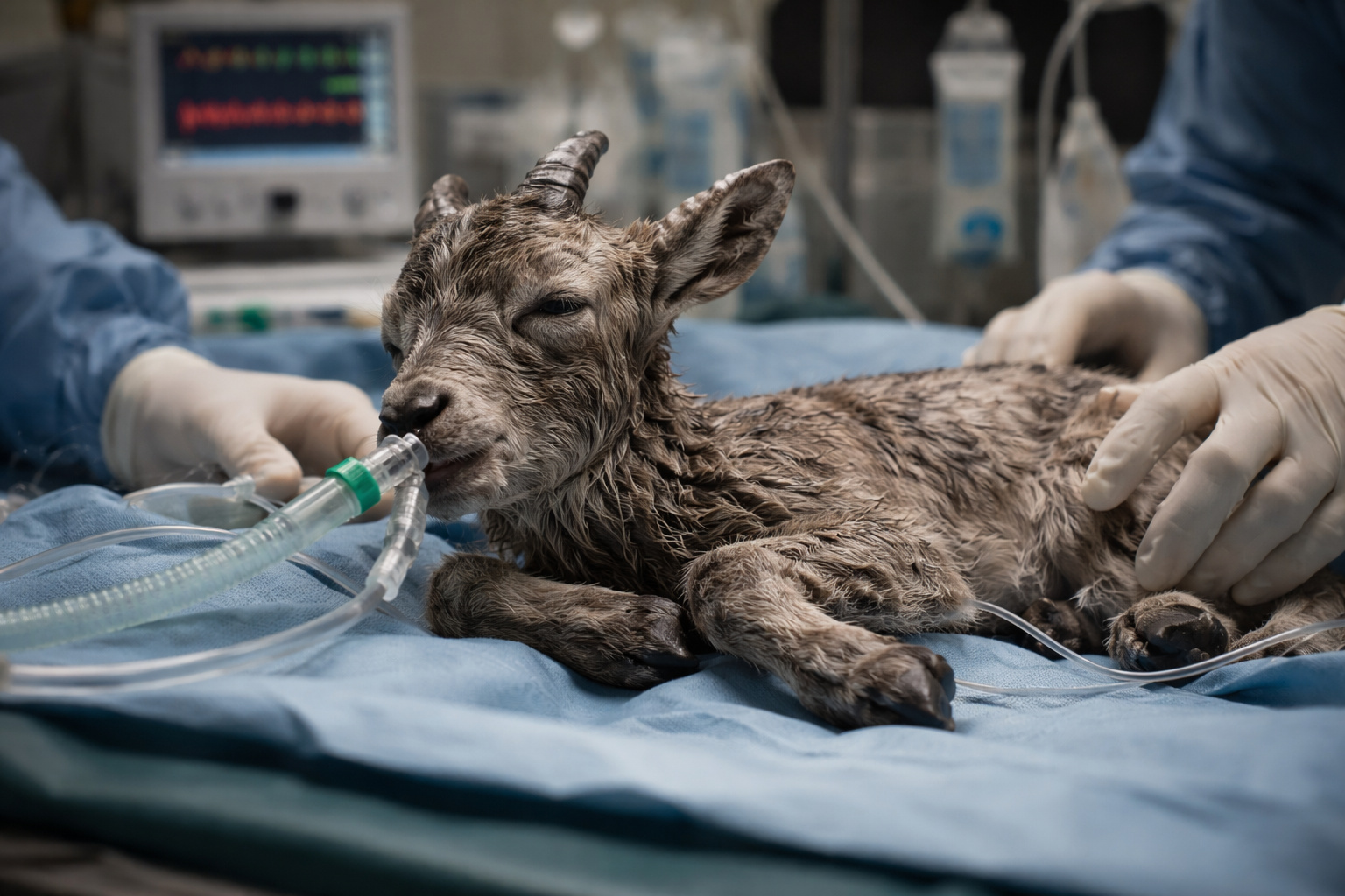Filhote recém-nascido de espécie selvagem extinta recebe cuidados veterinários em laboratório durante experimento científico de clonagem realizado em 2003.