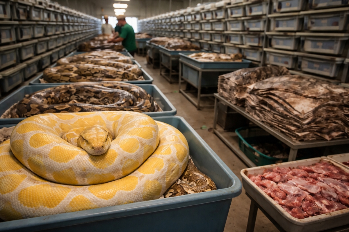 Milhões de cobras pitons são criadas em fazendas com controle total, e o destino envolve carne e couro, usados em bolsas e cintos