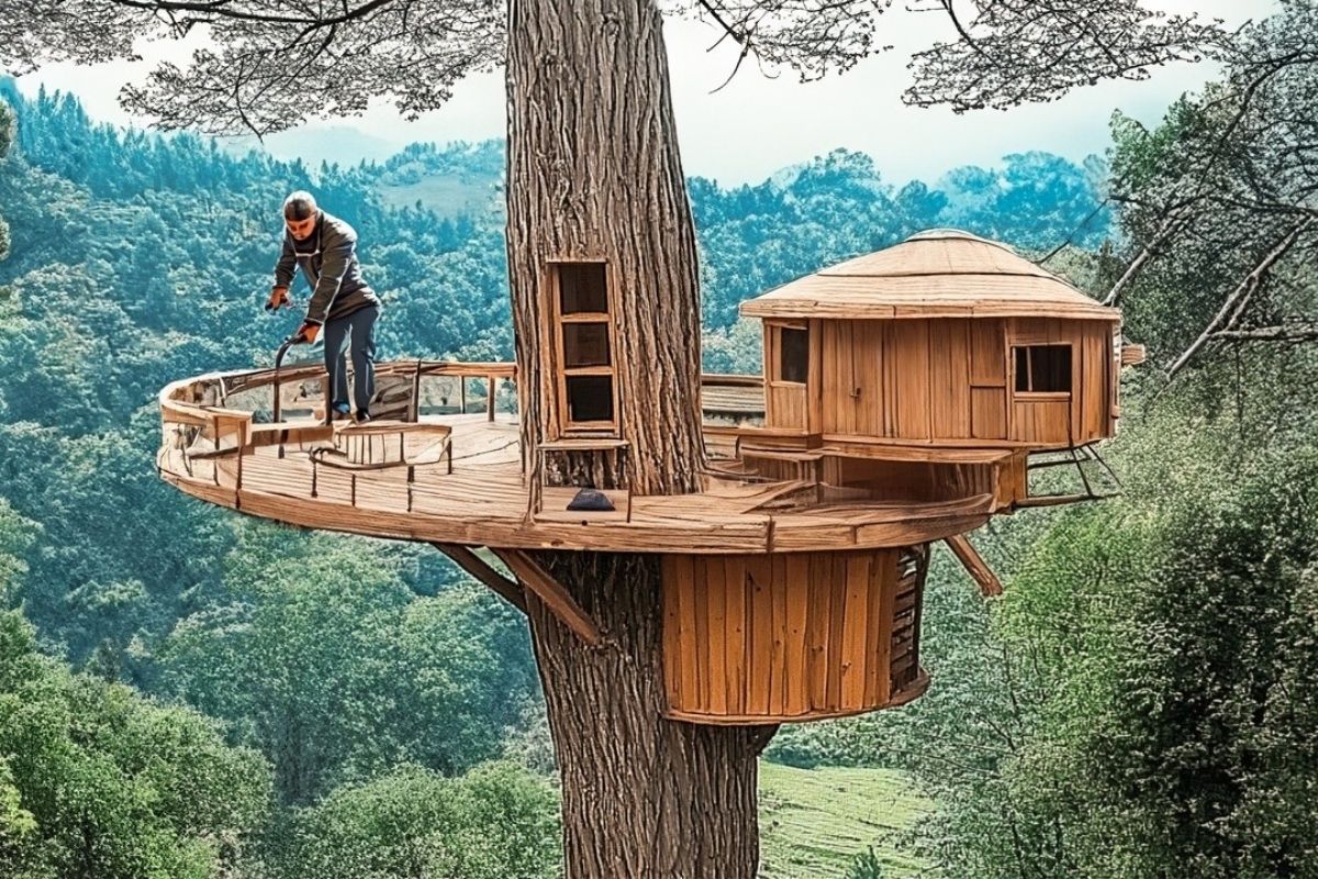homem ergue casa na árvore sozinho em floresta, usa parafusos, instala escada e sela telhado impermeável com ancoragem e distribuição de peso para criar refúgio elevado e seguro.