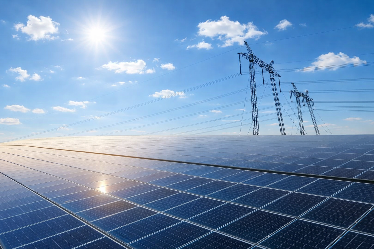 Painéis solares em usina de energia com torres de transmissão ao fundo sob céu azul de meio-dia com poucas nuvens.