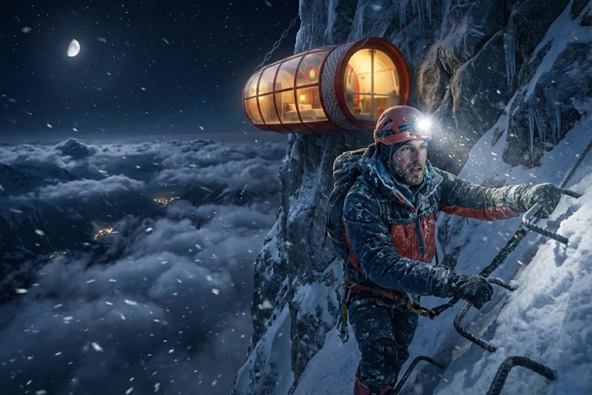 Um homem enfrenta uma cápsula isolada nos Alpes italianos, perto do Mont Blanc, cruzando via ferrata até um abrigo de emergência a quase 3.000 metros