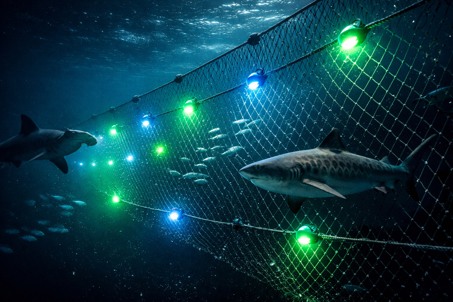 Underwater lights installed on fishing nets deter sharks without ...