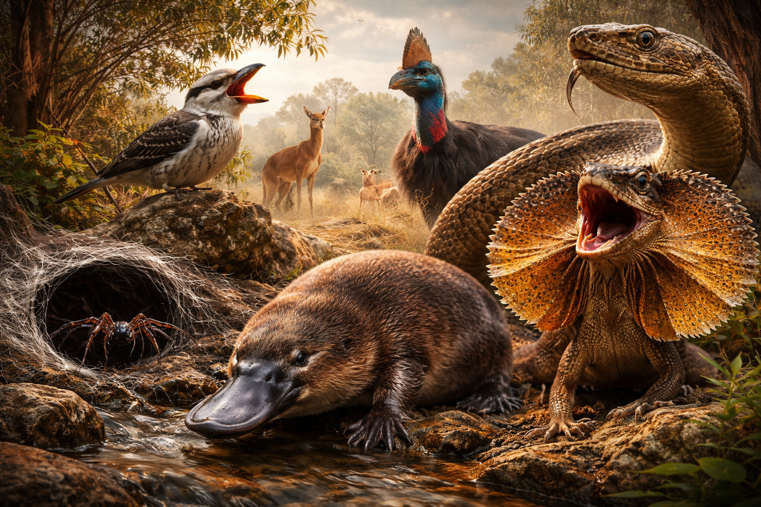 Entenda por que a Austrália abriga animais tão diferentes, resultado de milhões de anos de isolamento geográfico e evolução independente. (Imagem: Ilustração)