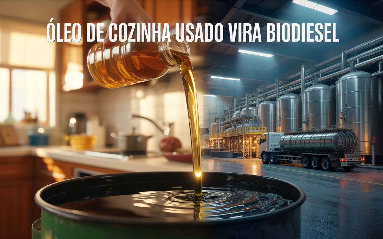 Como óleo de cozinha usado passa por coleta urbana, filtragem e transesterificação química para virar biodiesel em escala industrial e sair das cozinhas direto para mover caminhões, tratores e máquinas pesadas