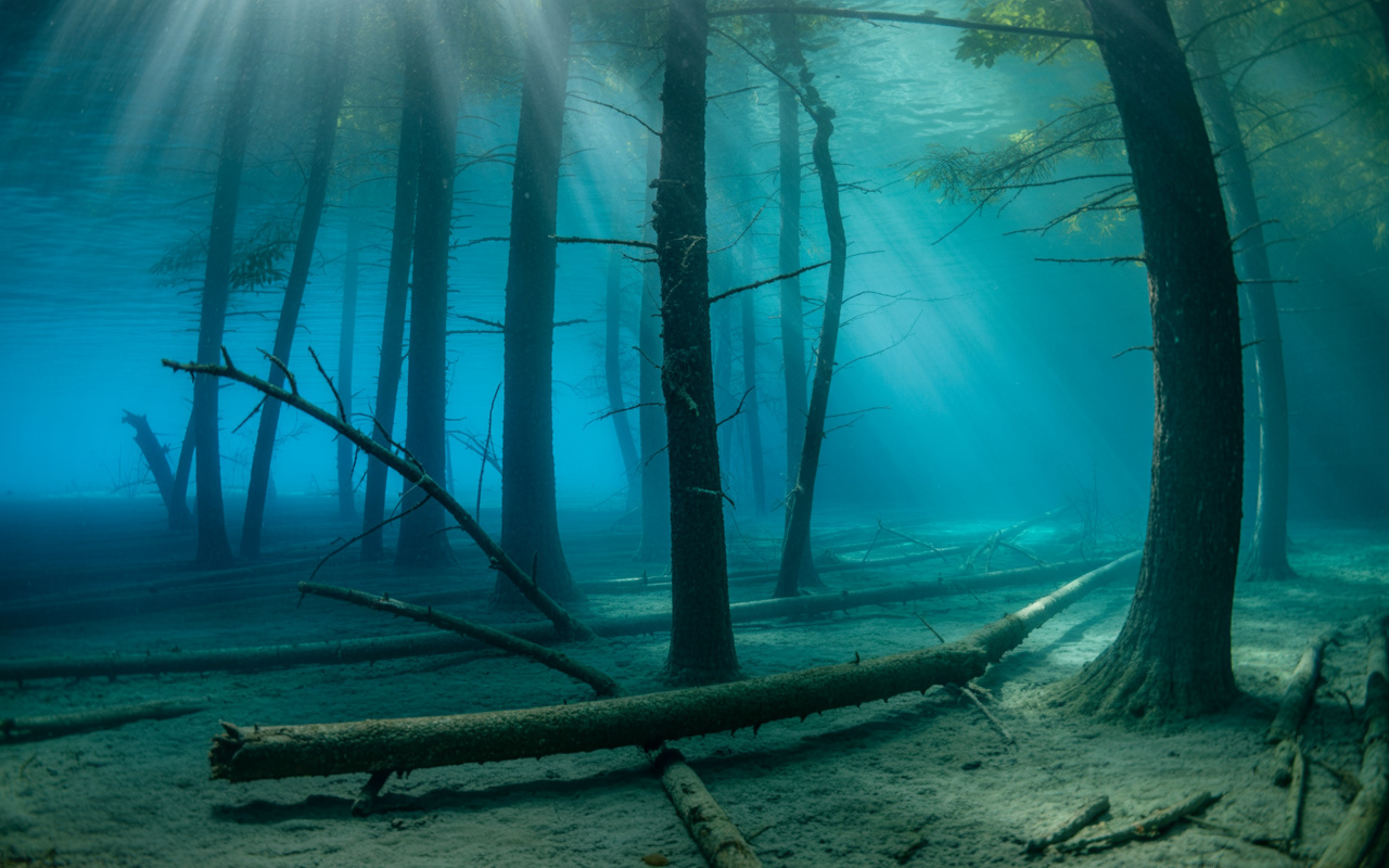 Essa floresta desapareceu após um terremoto devastador, mas reapareceu como um espetáculo surreal sob águas azul-esverdeadas que preservam troncos há mais de um século