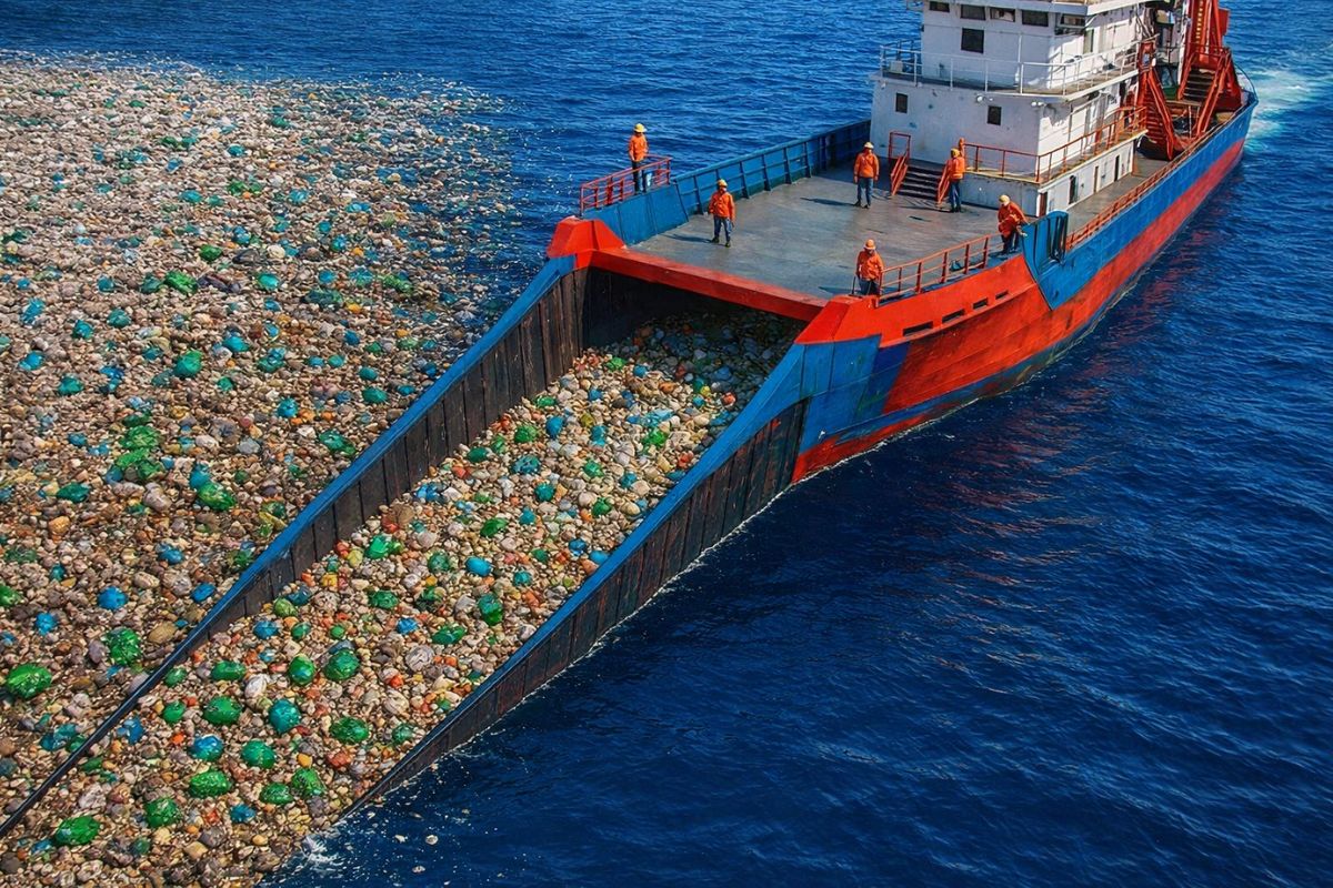 navios gigantes removem plástico de rios com triagem e soluções de carbono, em uma corrida tecnológica real para conter o colapso ambiental.