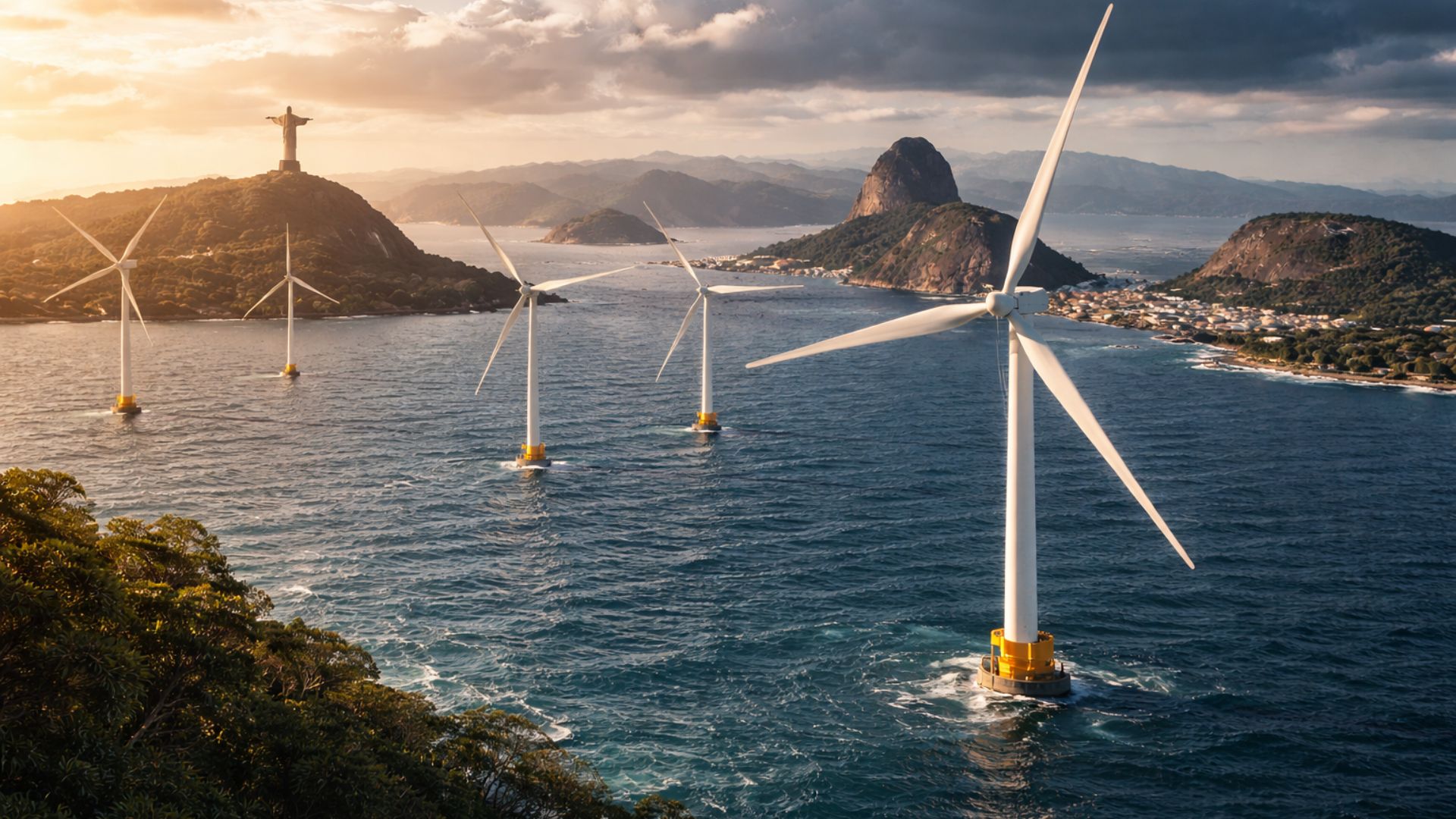 Parque de turbinas de energia eólica offshore no mar do Rio de Janeiro com o Cristo Redentor e o Pão de Açúcar ao fundo sob céu dramático.
