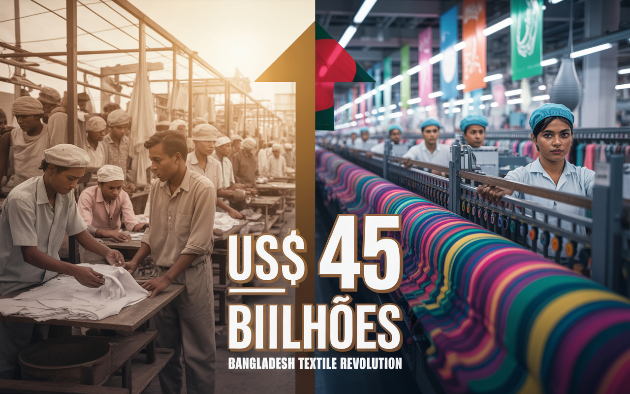 Antes dependente de ajuda internacional, Bangladesh construiu uma 'máquina têxtil' que exporta mais de US$ 45 bilhões por ano, veste marcas globais e sustenta uma das maiores viradas industriais do mundo em desenvolvimento