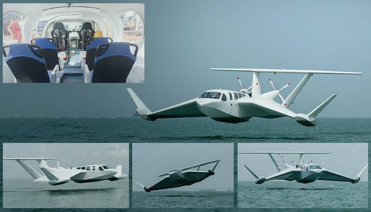 Atinge 185 km/h deslizando a 2 metros da água, não precisa de aeroporto nem pista de pouso: AirFish de Singapura é meio barco, meio avião, 100% futurista e pode revolucionar transporte marítimo