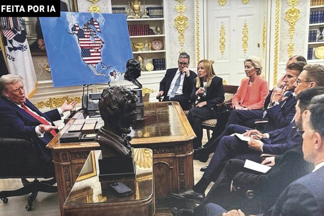 Montagem de IA publicada pelo presidente dos EUA, Donald Trump, nas redes sociais mostra reunião com líderes europeus e mapa com Groenlândia, Canadá e Venezuela com bandeira dos EUA.