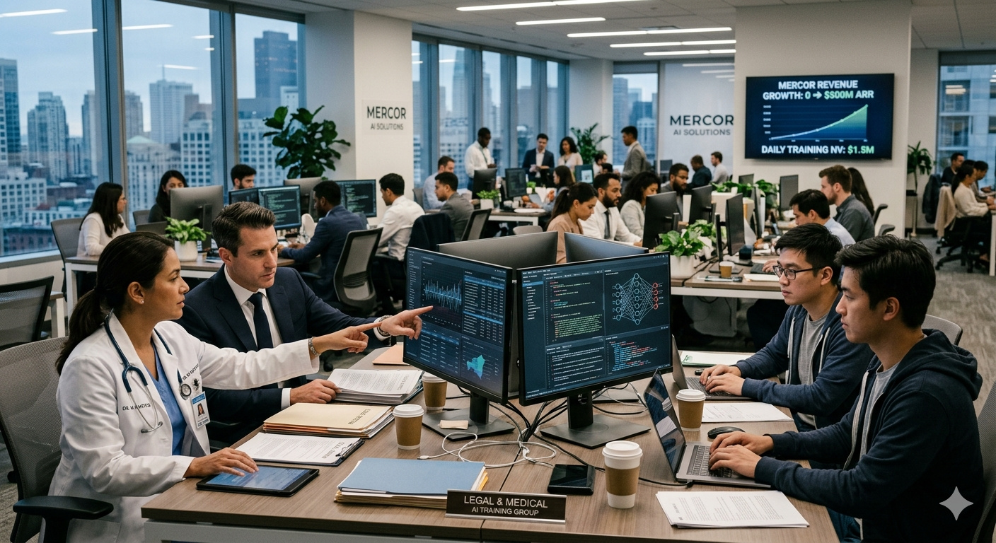 A Mercor pagou US$ 1,5 milhão por dia para que médicos, advogados e ex-banqueiros do Goldman Sachs ensinassem inteligência artificial a fazer o trabalho deles e, em 17 meses, saiu do zero para US$ 500 milhões em receita anual enquanto seus próprios contratados aceleram a substituição do próprio trabalho