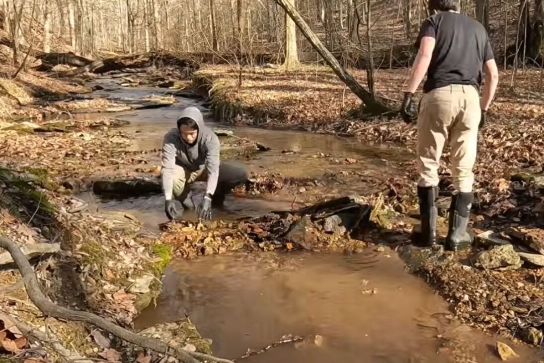 represa de pedras feita em um riacho tenta reduzir a erosão, elevar a água e criar uma piscina fria para uso ao lado de uma futura sauna.