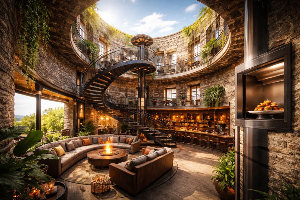 Abandonado por 50 anos, silo de 1909 sem teto vira fortaleza de luxo com três andares, bar, lounges, escada espiral e elevador de comida após reforma brutal feita por irmãos (8)