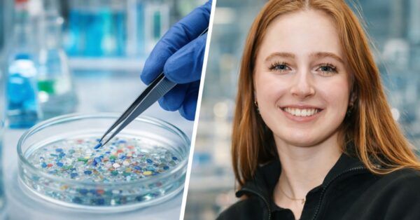 Adolescente em laboratório ao lado de análise de microplásticos em água com pinça e recipiente, representando tecnologia inovadora de purificação de água
