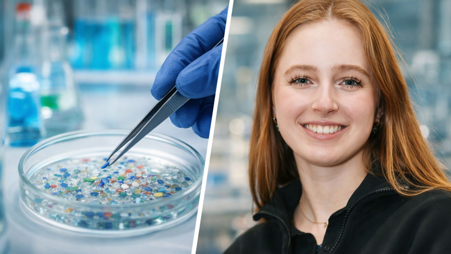 Adolescente em laboratório ao lado de análise de microplásticos em água com pinça e recipiente, representando tecnologia inovadora de purificação de água