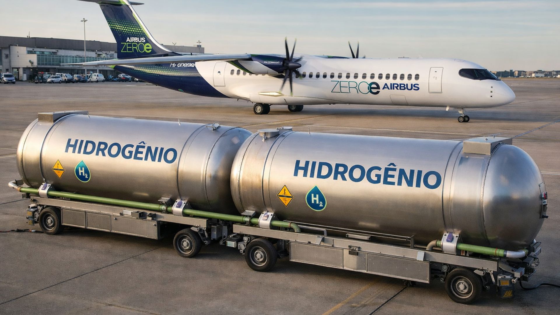 Avião Airbus ZEROe movido a hidrogênio estacionado em aeroporto, com tanques de hidrogênio líquido em primeiro plano durante operação de abastecimento sustentável.