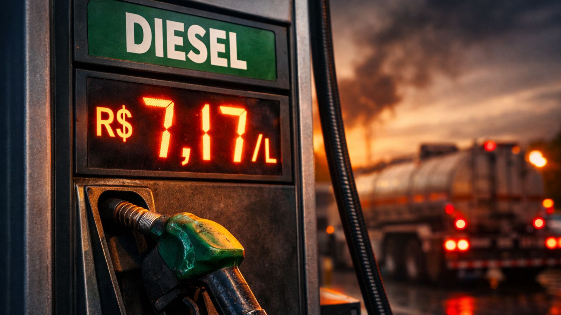 Bomba de combustível exibindo preço do diesel a R$ 7,17 por litro em cenário urbano ao entardecer, representando alta nos preços e impacto econômico no Brasil.