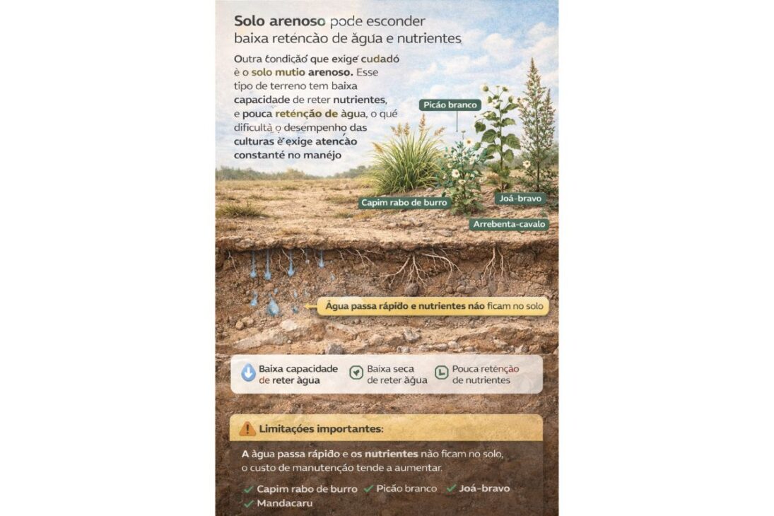 Em um sítio, plantas indicadoras revelam solo raso, brejo e sinais de terreno problemático antes da compra.