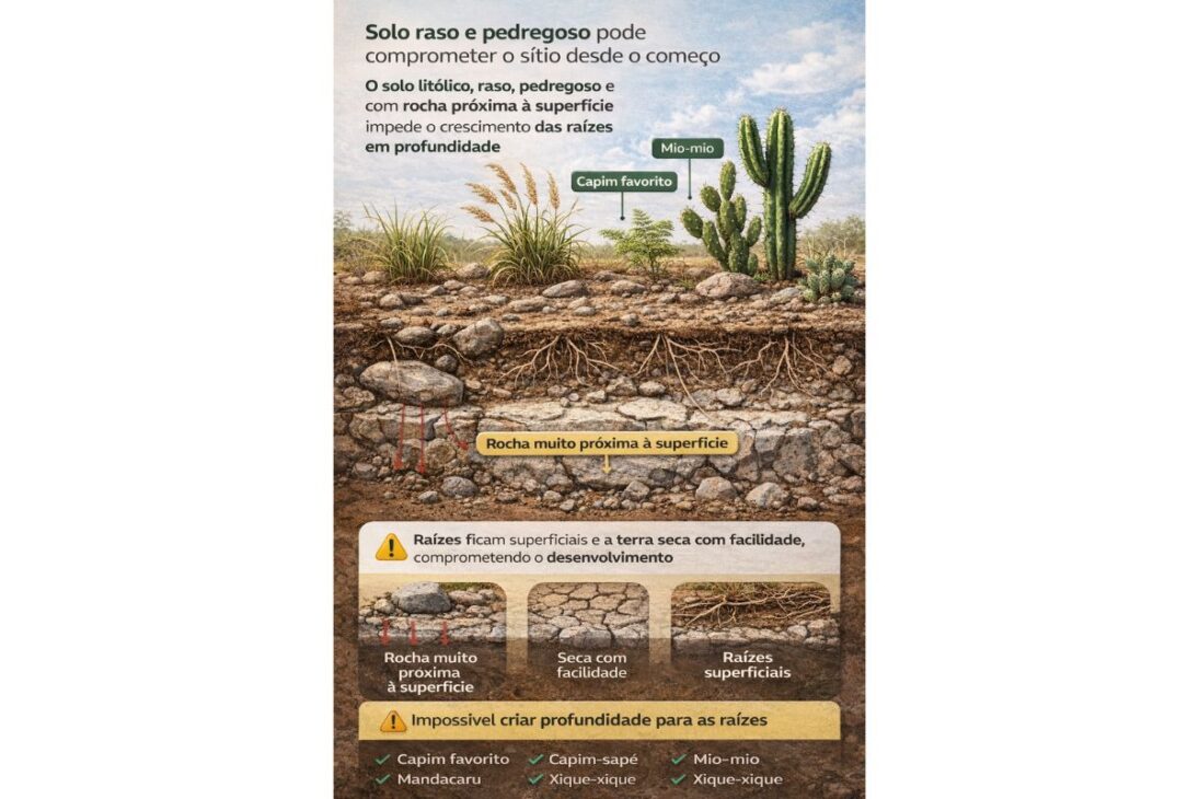 Em um sítio, plantas indicadoras revelam solo raso, brejo e sinais de terreno problemático antes da compra.