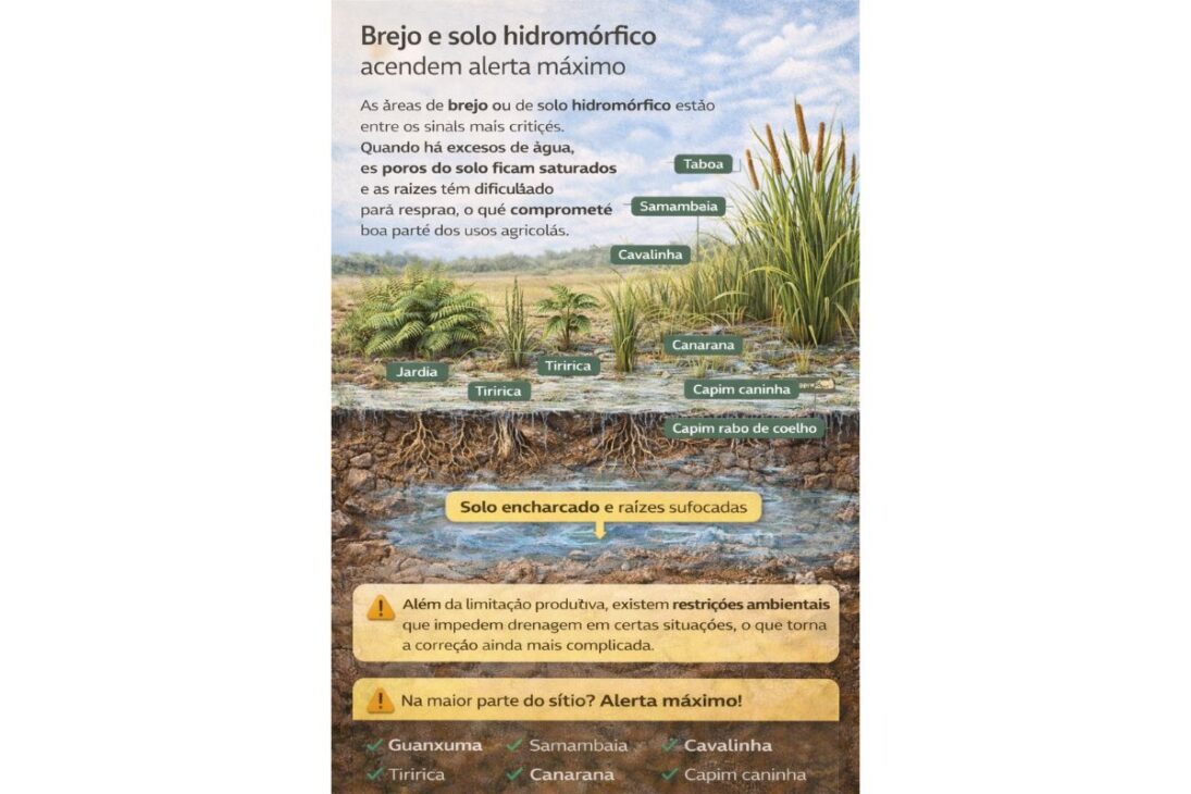 Em um sítio, plantas indicadoras revelam solo raso, brejo e sinais de terreno problemático antes da compra.