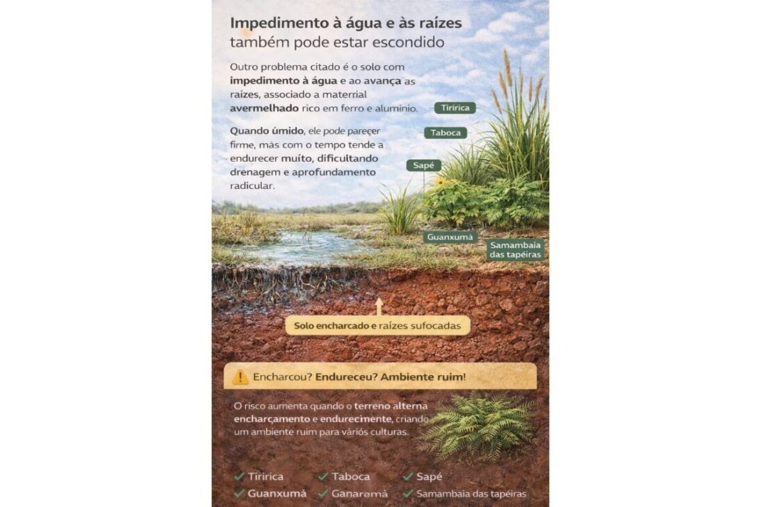 Em um sítio, plantas indicadoras revelam solo raso, brejo e sinais de terreno problemático antes da compra.