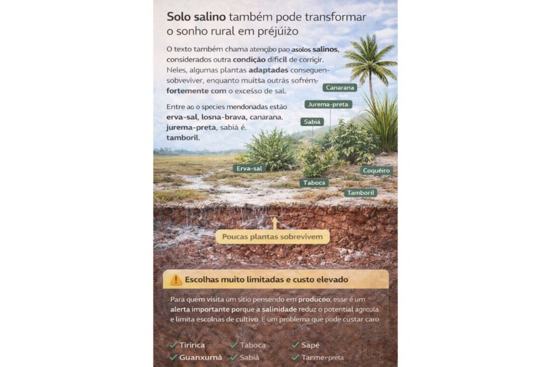 Em um sítio, plantas indicadoras revelam solo raso, brejo e sinais de terreno problemático antes da compra.