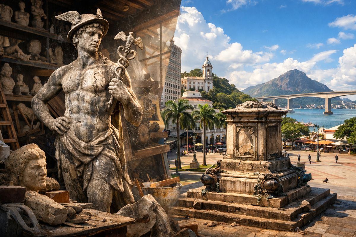 Após quase meio século desaparecida, estátua de Hermes reaparece esquecida em ateliê de Vila Velha, revela história apagada do centro de Vitória e expõe o desafio de devolver à praça (1)