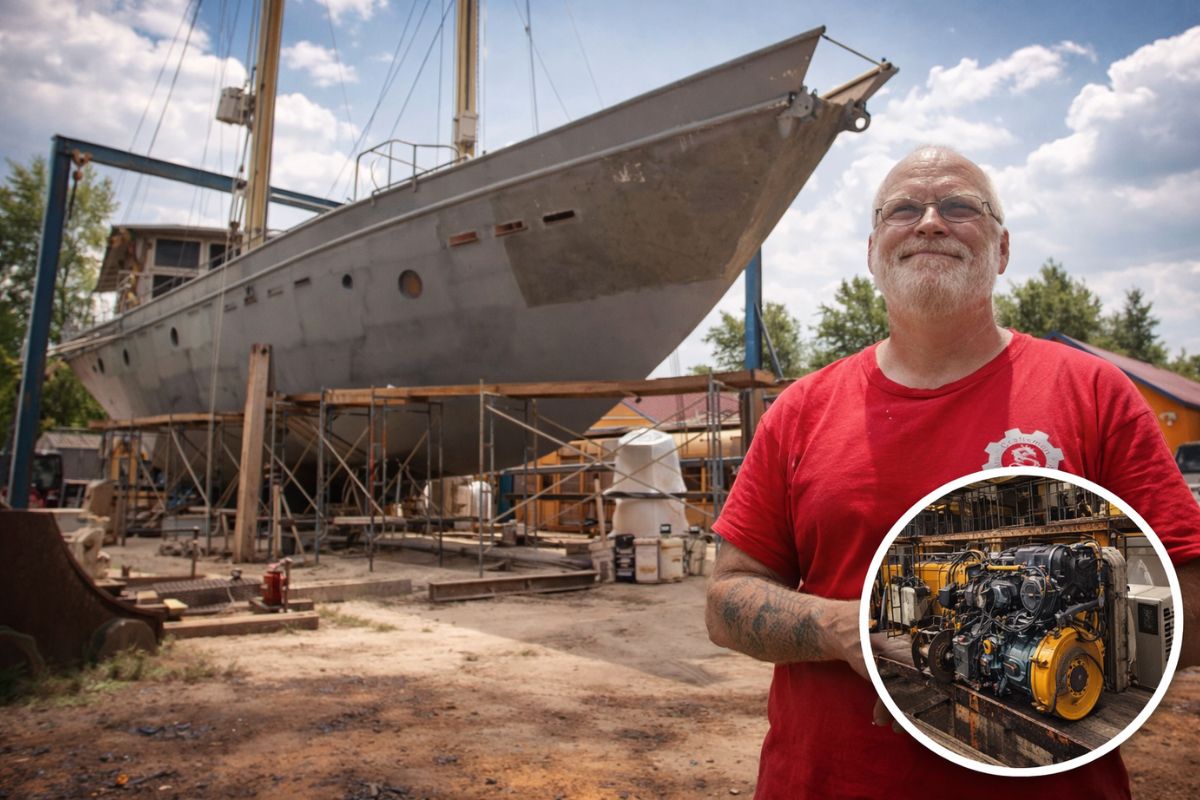 Aposentado de TI construiu um barco de 22 metros no quintal em Oklahoma. Jackson usou motor de ônibus e postes de luz para virar Cousteau caipira.