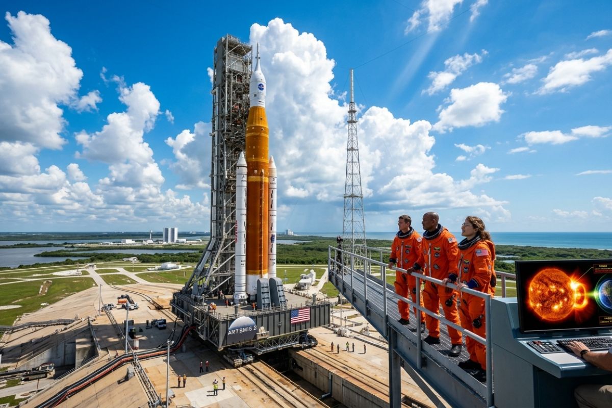 Artemis 2 pode decolar 1º de abril às 19h24 para orbitar a Lua com quatro astronautas, mas erupção solar classe X e ejeção coronal podem interferir comunicações e ameaçar o lançamento (1)