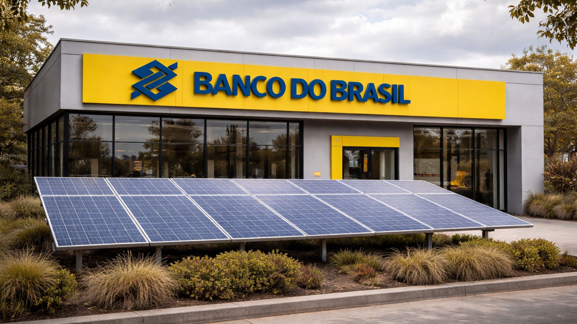 Fachada de agência do Banco do Brasil com painéis solares instalados na frente, em cenário urbano com céu parcialmente nublado e vegetação moderada.
