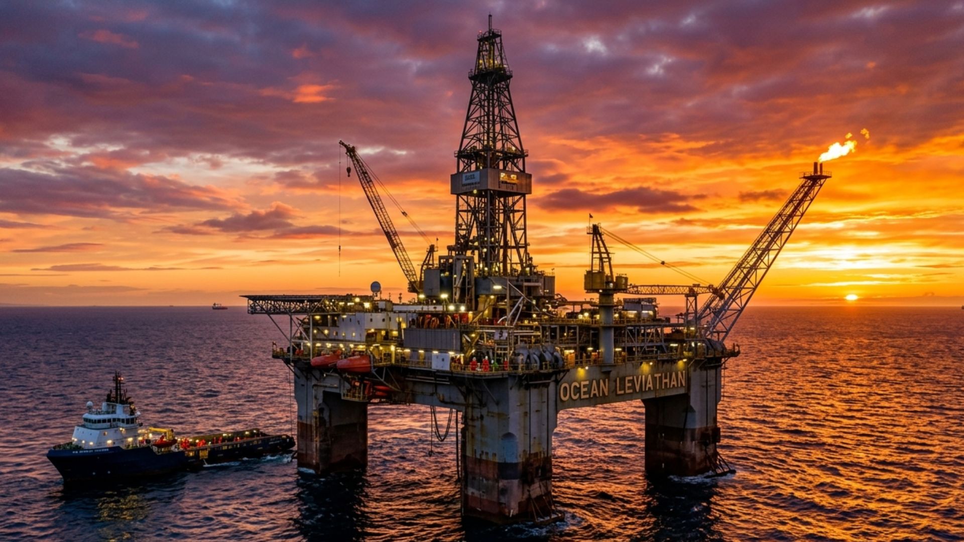Plataforma de petróleo offshore em operação no mar durante o pôr do sol, com navio de apoio ao lado e queima de gás em flare