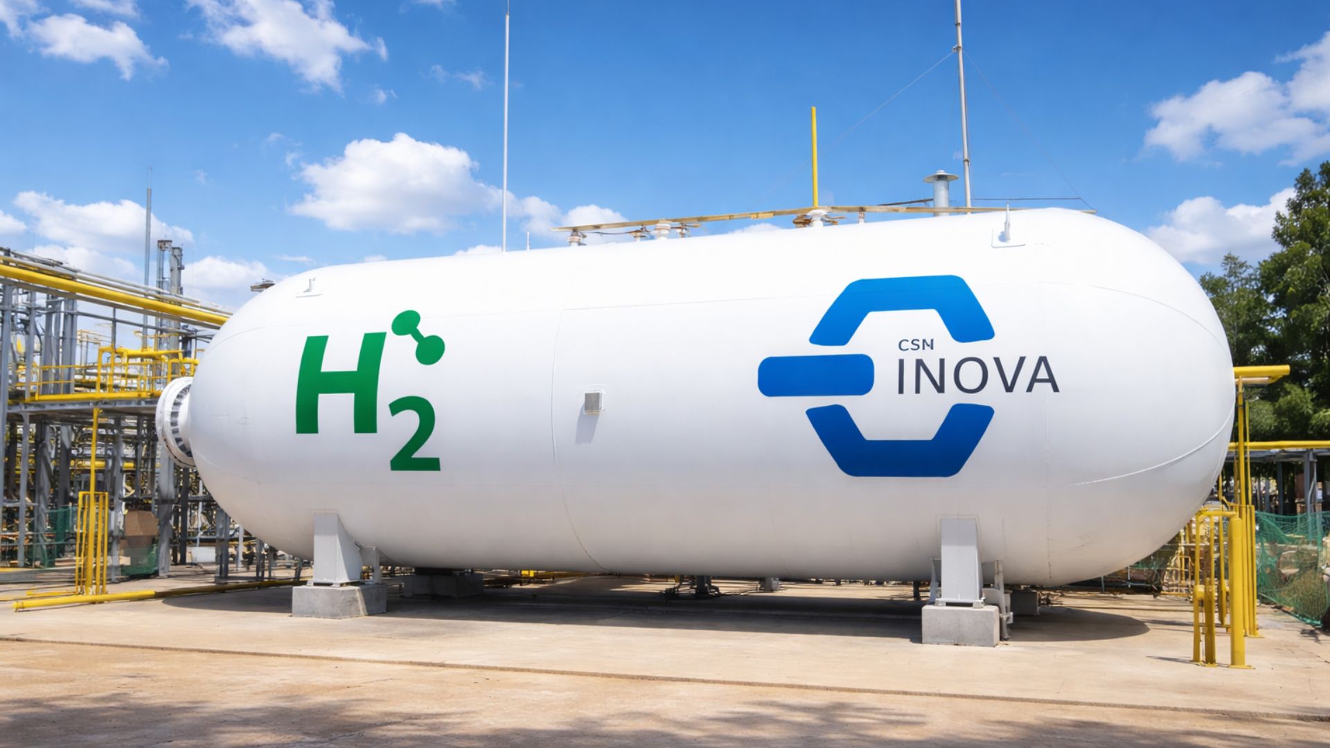 Tanque industrial de hidrogênio com logotipo da CSN em planta energética, utilizado para produção de energia limpa por eletrólise no Paraná