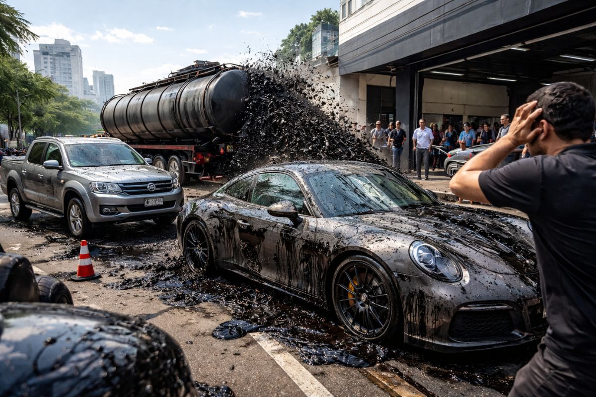 Caminhão de piche estoura em rua de São Paulo, atinge Porsche e outros carrões parados em inauguração de oficina e deixa donos em choque com prejuízo enorme (2)