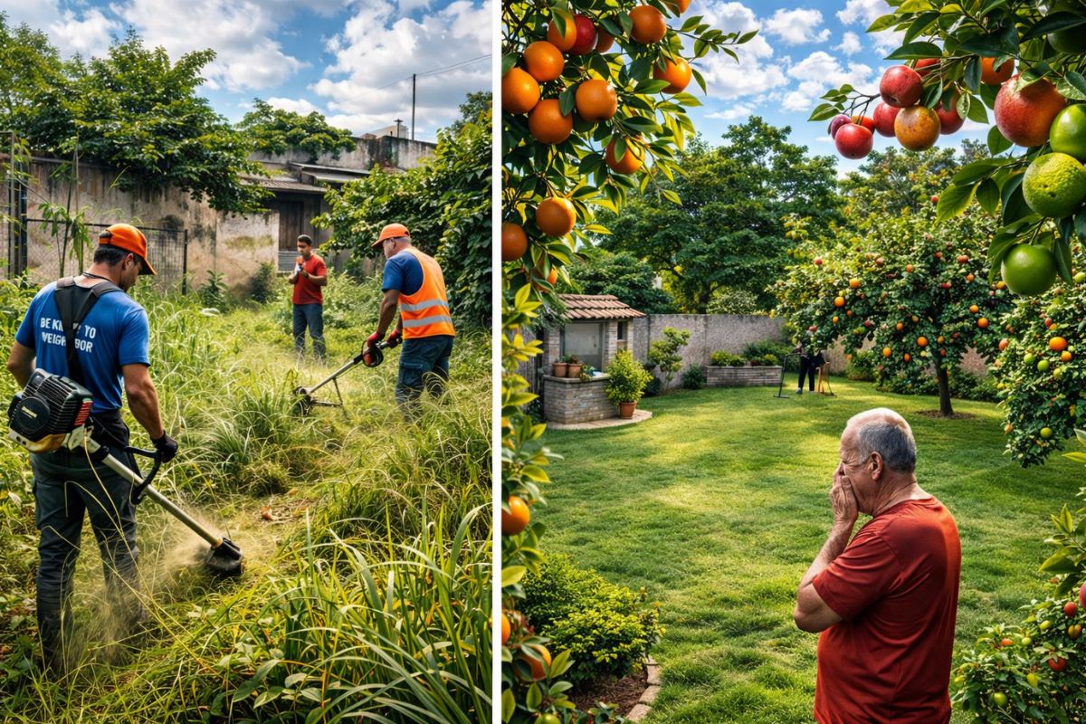 Canal corta grama de graça, entra em jardim tomado pelo mato, revela pomar escondido com frutas, enfrenta obstaculos e emociona morador com transformação que devolveu paz (4)